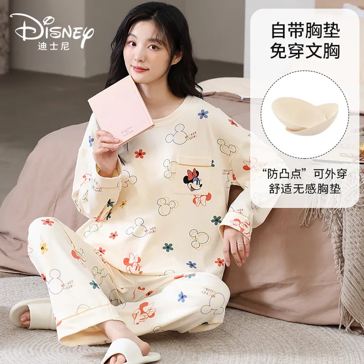 Disney/迪士尼春秋圆领长袖长裤睡衣女带胸垫外穿舒适家居服0095