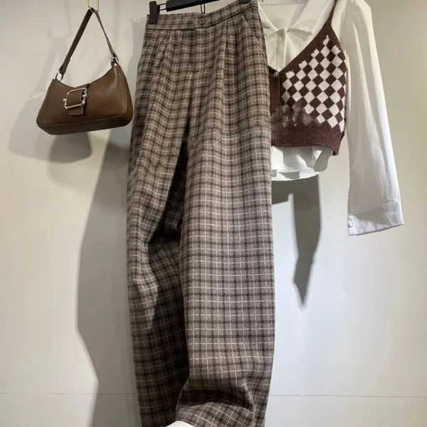 2025年高腰早春新款宽松显瘦阔格子直筒通勤慵懒咖色格休闲长裤