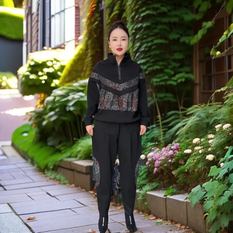 (5036)春季款时尚洋气休闲宽松百搭拼接长袖哈伦妈妈套装春游女