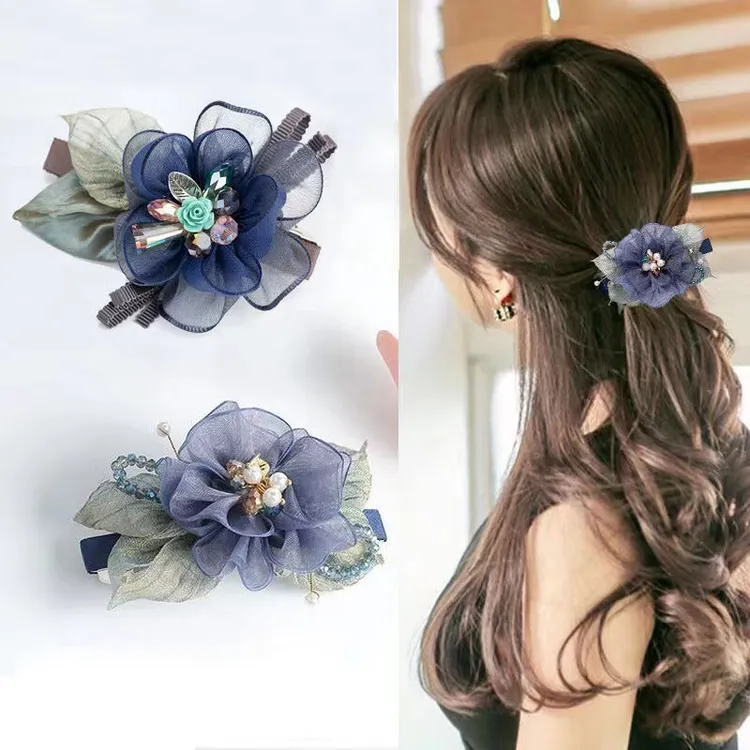 发夹女手工花朵弹簧夹盘发马尾发卡成人顶夹娟纱花朵头花妈妈头饰