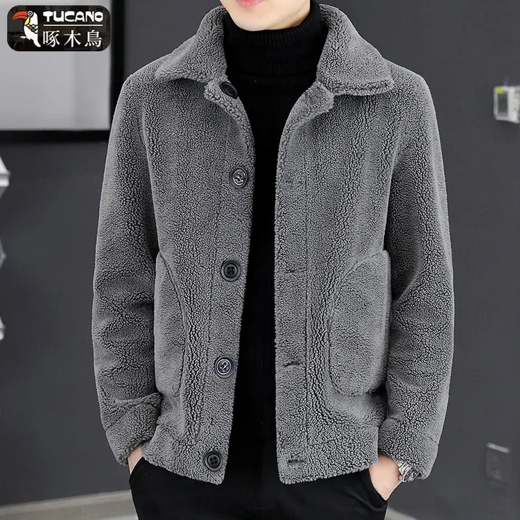 啄木鳥冬季双面穿翻领夹克男士皮毛一体加绒加厚高端男装外套男