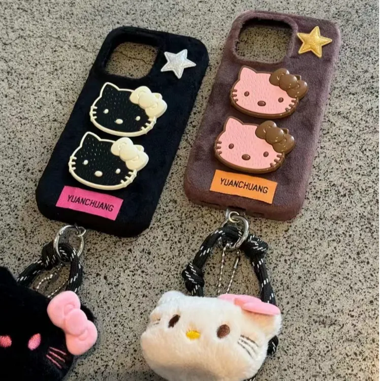 黑色毛绒两个立体kt适用苹果16promax手机壳iPhone15挂绳14可爱13