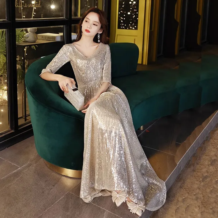 银色亮片晚礼服女高端宴会主持人合唱团姐妹裙演出连衣裙奢华长款
