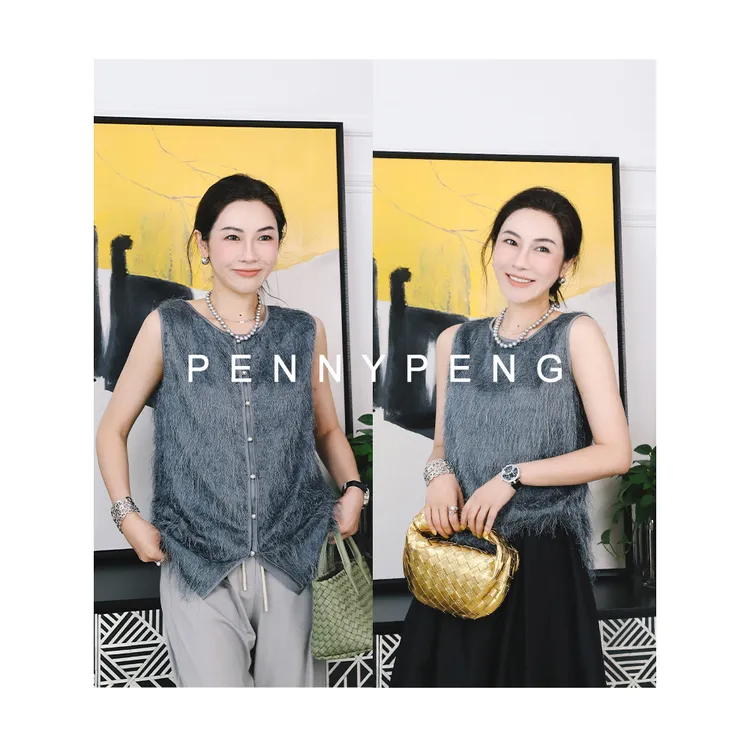 PENNYPENG流星雨气质早春复古洋气休闲通勤灰色流苏提花背心上衣