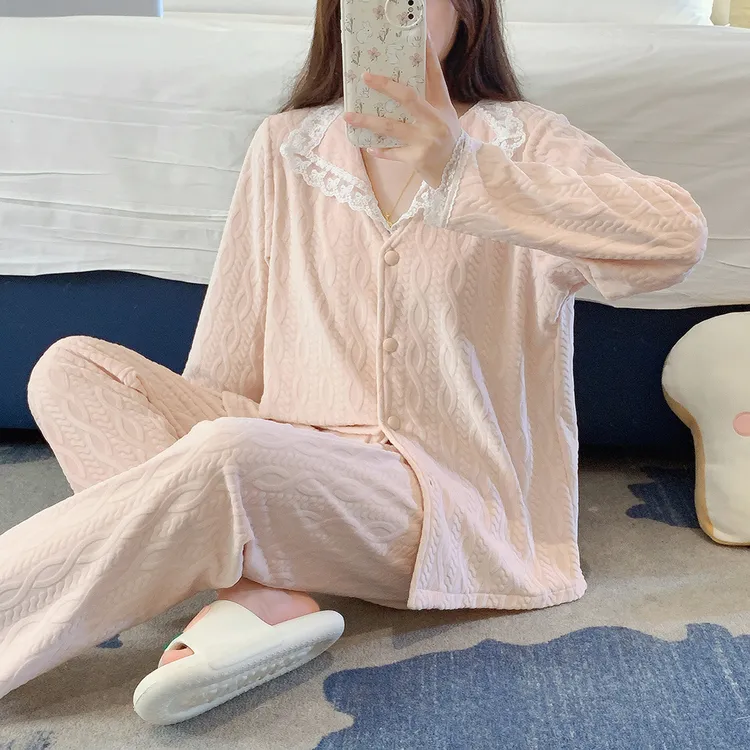 春秋冬季新款睡衣女士套装海岛绒长袖提花时尚休闲宽松大码家居服