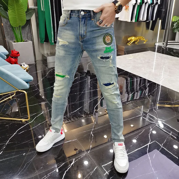 欧货男士牛仔裤破洞小脚裤修身潮牌春秋季休闲九分裤子弹力乞丐裤