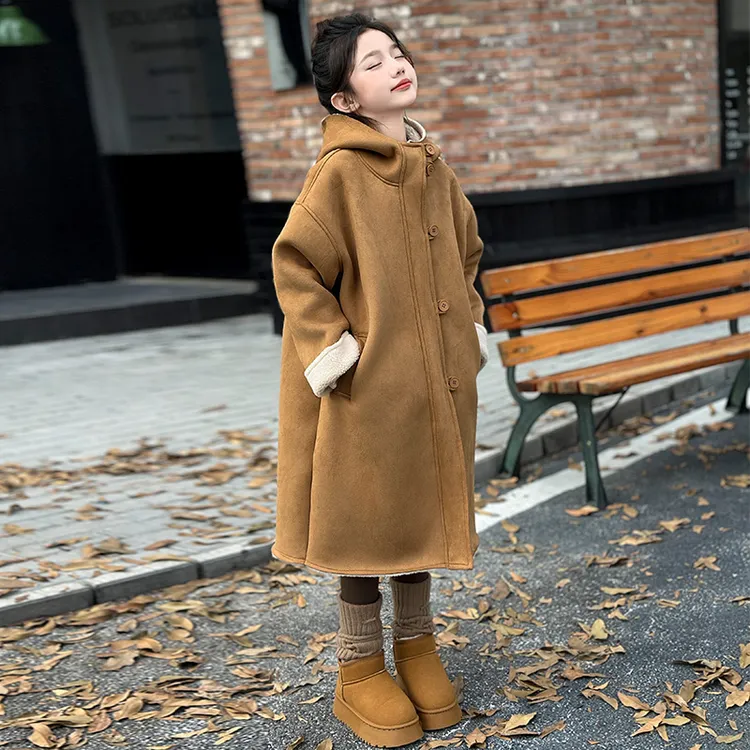 女童秋冬款加绒中长款皮毛一体大衣外套中大童小女孩洋气儿童秋装