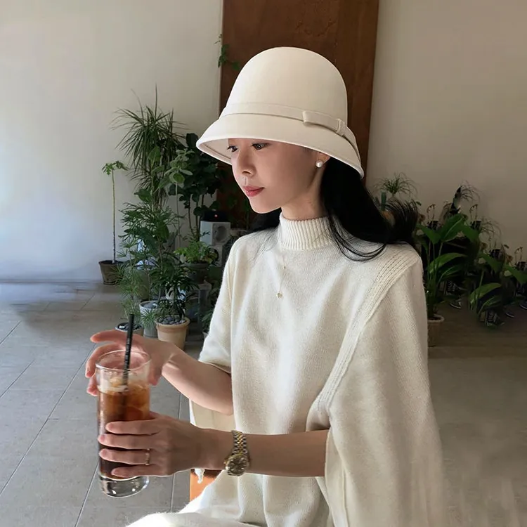 毛呢渔夫帽女款法式复古秋冬礼帽盆帽优雅白色帽子