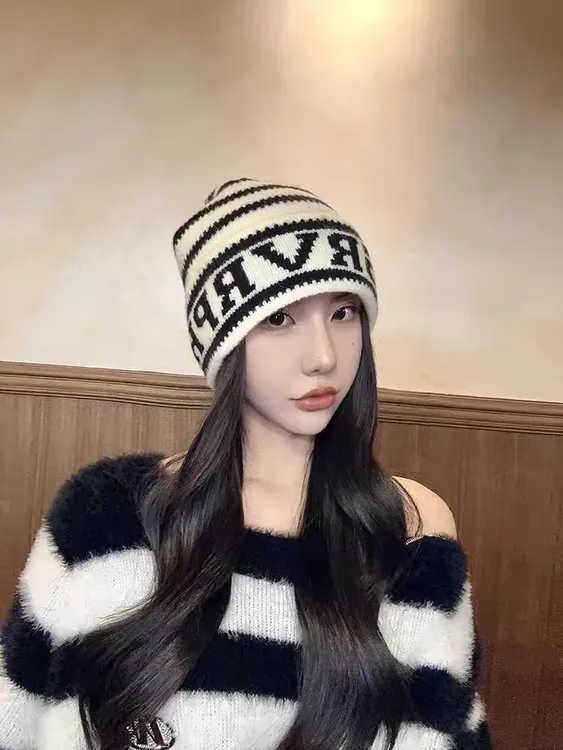 韩版百搭条纹针织帽女ins明星同款秋冬保暖字母毛线帽男女小众