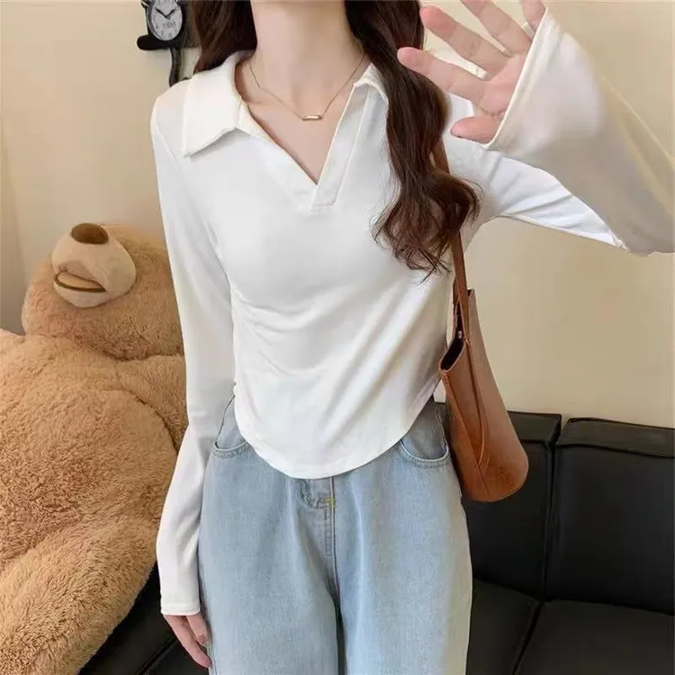 纯棉polo领纯欲风短款长袖T恤女装秋季修身上衣P520