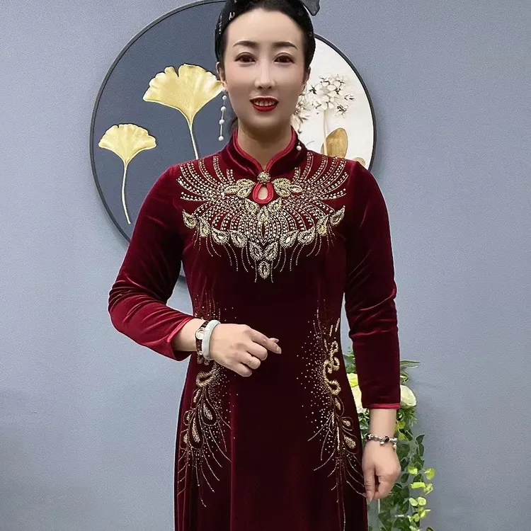 2575 ，串珠烫钻腰间花水滴领修身显瘦妈妈装，连衣裙，105衣长，单层