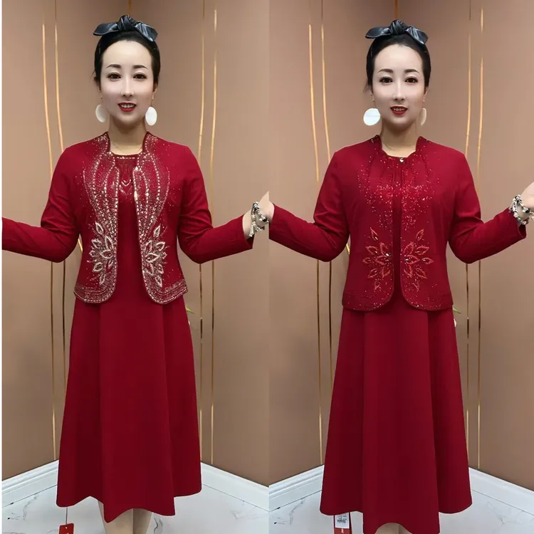 2874喜庆婚宴中式显瘦长袖裙加外搭妈妈装连衣裙