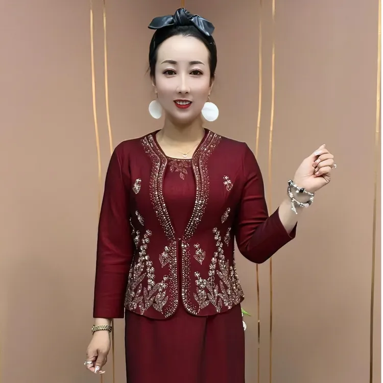 2891婚宴时尚长袖砍袖连衣裙+长袖外套，两件套，裙长100，外搭54