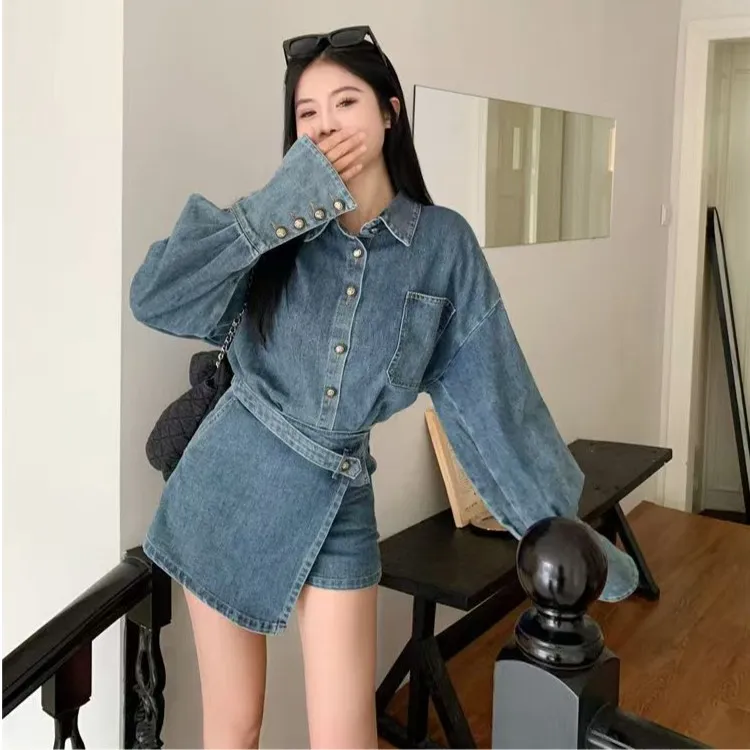 复古牛仔二件套衬衣女春秋中长款宽松设计感高腰裤裙套装