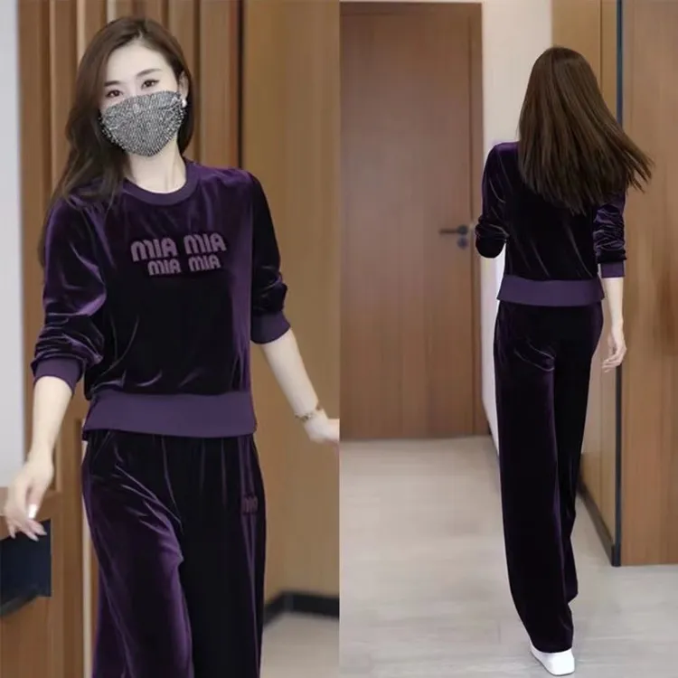 金丝绒春秋季新款妈妈休闲运动套装女大码显瘦阔腿两件套运动服女