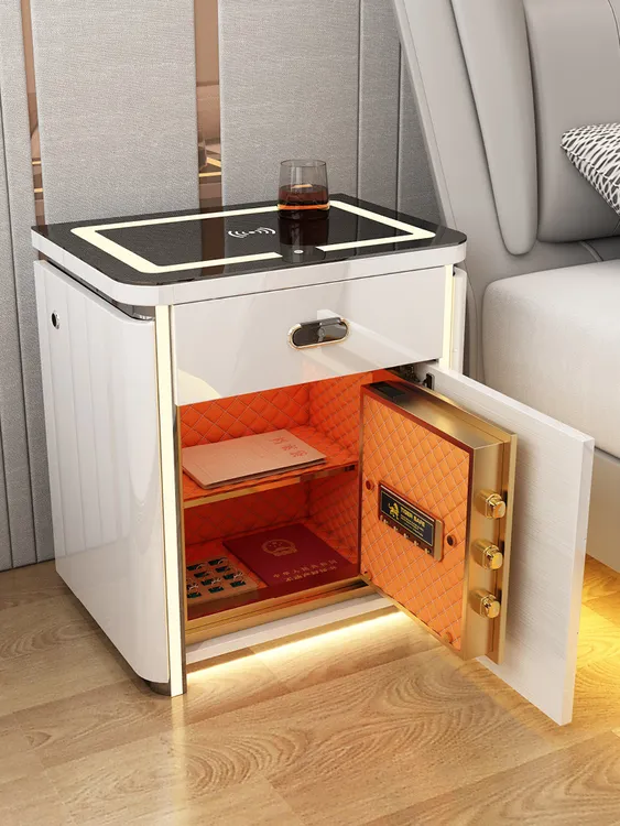 2025新款床头柜大容量保险柜侧面双百搭家居灯柱地感灯充电功能