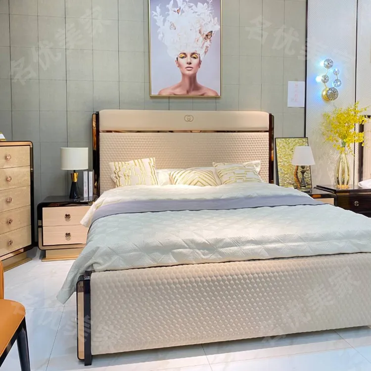 网红GUCI时尚意式轻奢真皮床别墅极简主卧婚床1.5米1.8米X2米大床