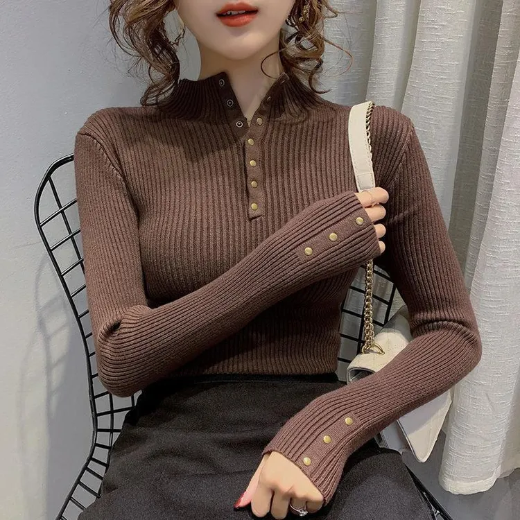 洋气半高领内搭长袖女上衣秋冬修身打底毛衣打底针织衫女韩版新款