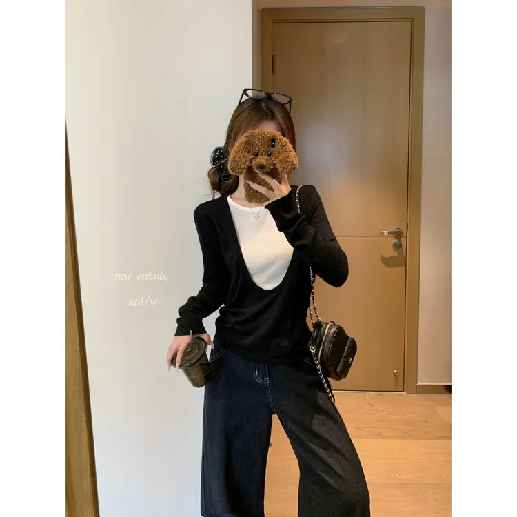 纯欲2024秋冬韩版撞色假两件显瘦6羊毛百搭针织打底衫长袖上衣女