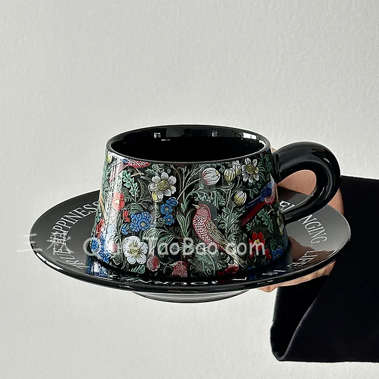 三秋Sanq复古油画般花卉与鸟咖啡杯碟下午茶水杯子拉花杯小众礼物