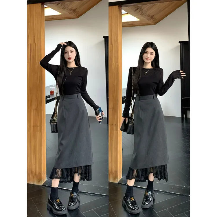 大码女装微透假两件针织衫+蕾丝拼接显瘦半裙胖MM藏肉显瘦