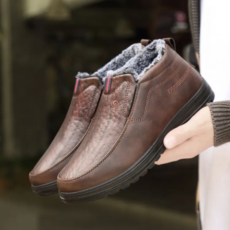 男士雪地靴秋冬季加绒加厚防水皮面男鞋一脚蹬男士休闲鞋保暖棉鞋