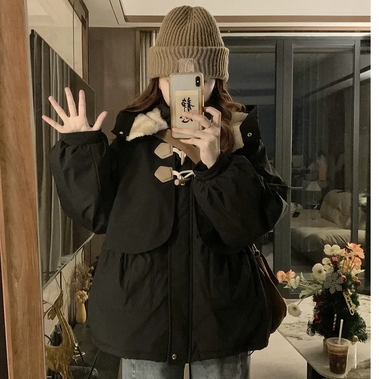 保暖棉服外套女秋冬季新款大码棉衣复古牛角扣短款小个子胖mm棉袄