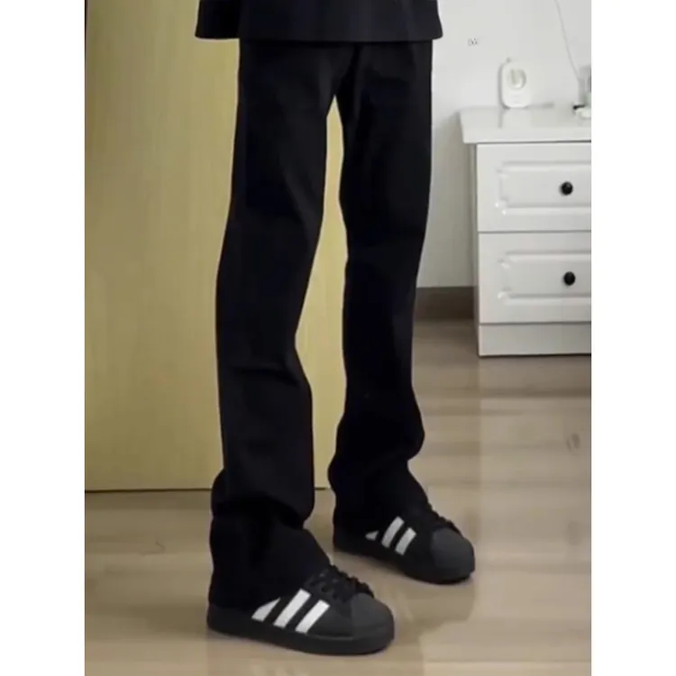 cleanfit黑色微喇牛仔裤男款秋冬加绒显瘦裤子美式高街潮牌直筒裤