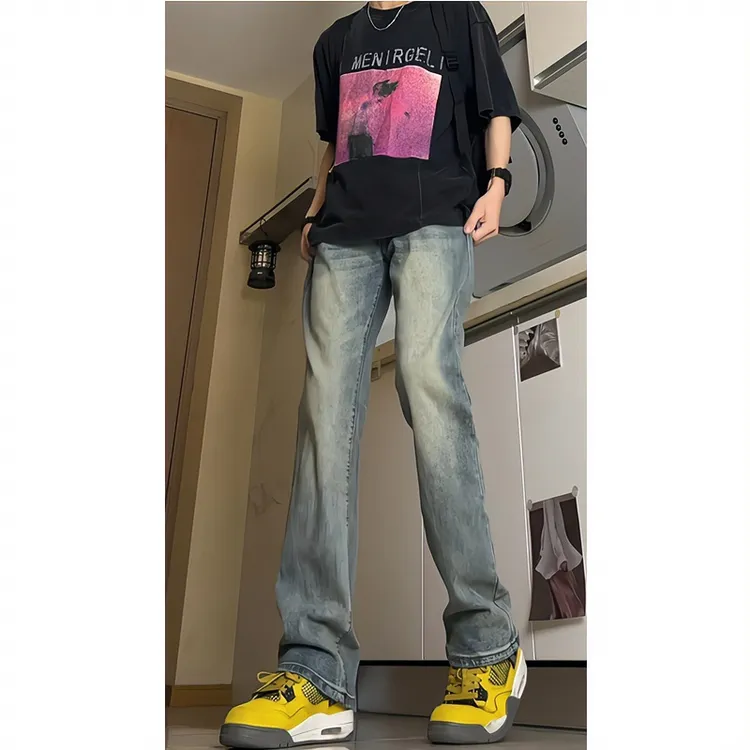 复古蓝牛仔裤宽松男秋季新款高个子微喇裤垂坠感直筒裤子白色