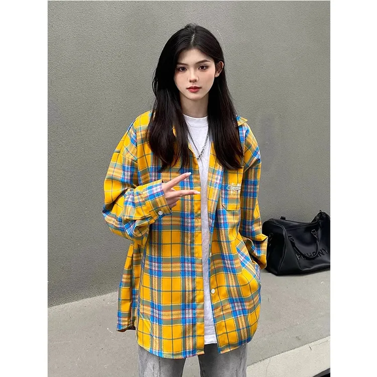 cleanfit黄蓝格子长袖衬衫男款高级感美式格纹衬衣情侣休闲外套