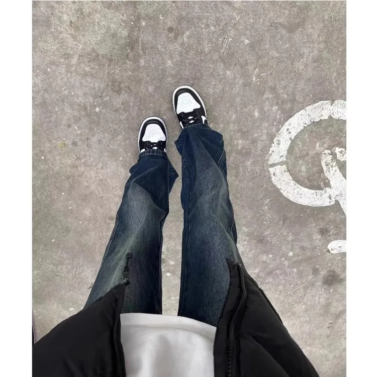 美式复古中蓝色牛仔裤男款秋季高腰显瘦裤子高街潮牌vibe直筒长裤