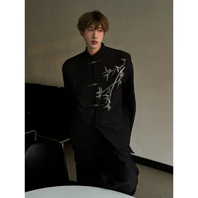 新中式男装中国风竹子刺绣垫肩西装外套男夏季薄款中山装民国唐装