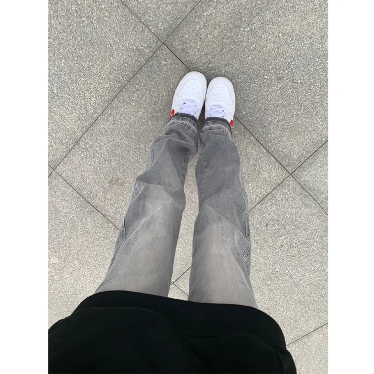 美式复古cleanfit裤子秋季穿搭vibe烟灰色牛仔裤男直筒修身微喇裤