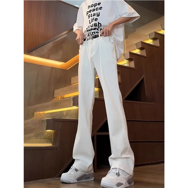 白色弯刀牛仔裤男款春秋季美式高街cleanfit裤子显腿长弹力微喇裤