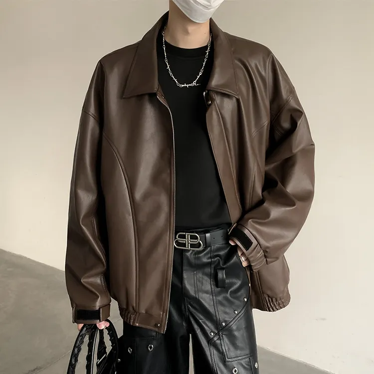 咖色pu皮衣外套男春秋季美拉德色系机车夹克底特律vintage棒球服
