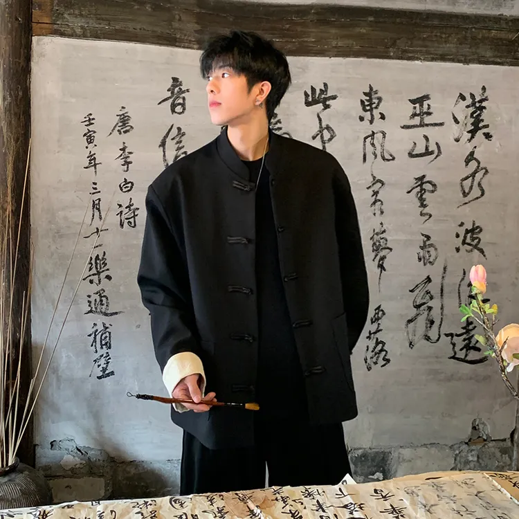新中式男装西服冷淡系高级感外套cleanfit中国风夹克黑色订婚礼服