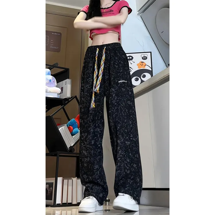 美式扎染满天星裤子男款秋季高腰显瘦抽绳休闲裤高街字母刺绣长裤