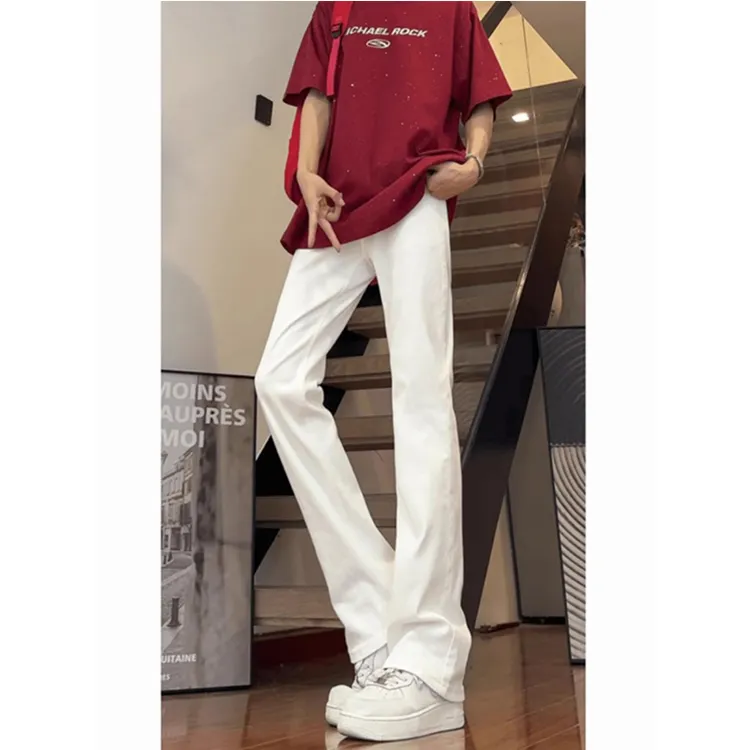 美式高街vibe裤子cleanfit白色微喇牛仔裤男款秋季修身窄版直筒裤