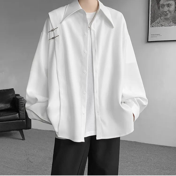 新中式长袖休闲衬衫男春季新款国风高级感白色衬衣痞帅设计感外套
