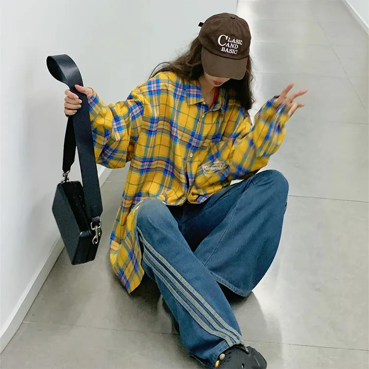 黄色格子衬衫美式复古vintage高级感长袖衬衣男生潮牌防晒衣外套