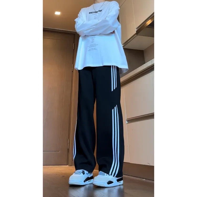 美式cleanfit黑色休闲卫裤男款春秋季条纹设计直筒裤痞帅高街长裤