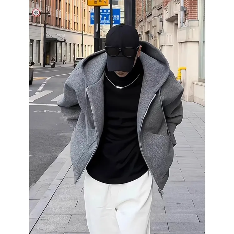 美式复古深灰色连帽卫衣男款春秋季高街cleanfit潮牌痞帅开衫外套