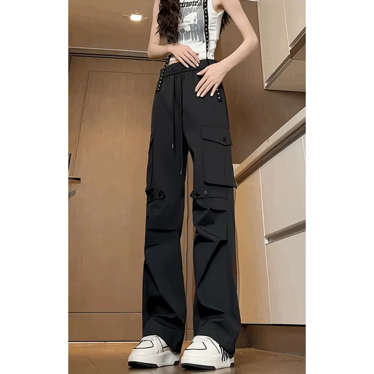 黑色机能风休闲裤男夏季薄款褶皱大口袋设计工装裤高街宽松直筒裤