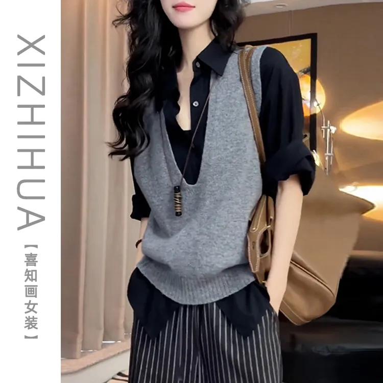 日系减龄时尚套装女简约通勤黑色长袖衬衫显瘦减龄针织马甲两件套