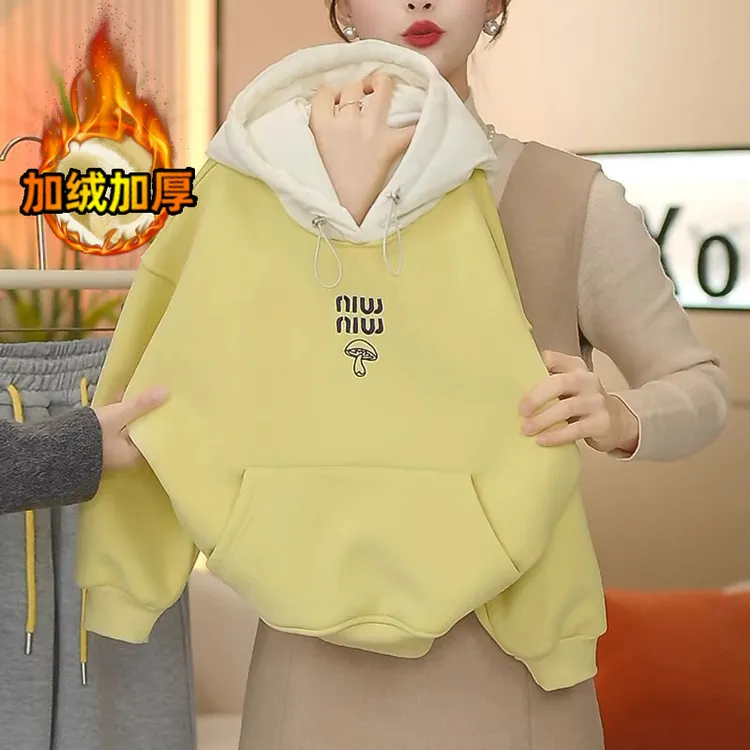 女童加绒加厚卫衣秋冬款2024新款儿童一体绒时尚洋气保暖连帽上衣