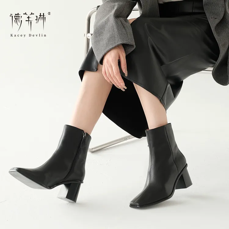 【德芙琳】方头切尔西短靴2026马年穿搭粗跟真皮英伦风经典年货节
