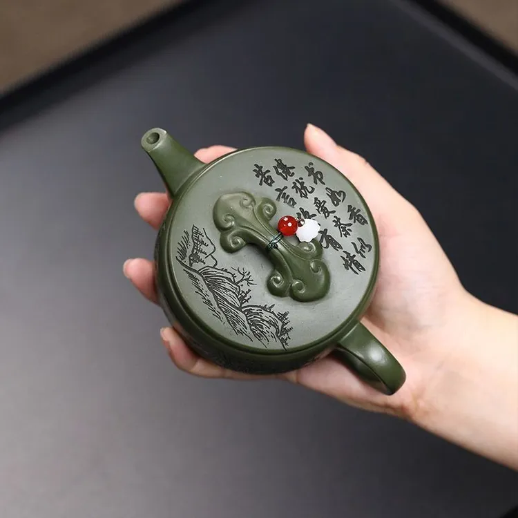 宜兴原矿正宗手工绿泥如意汉瓦壶紫砂壶大口刻绘家用茶壶高档单壶
