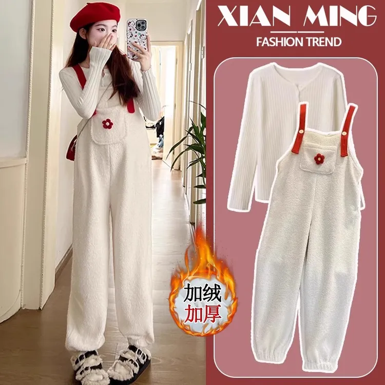 孕妇秋冬装套装宽松时尚洋气加绒加厚背带裤打底衫冬季休闲两件套