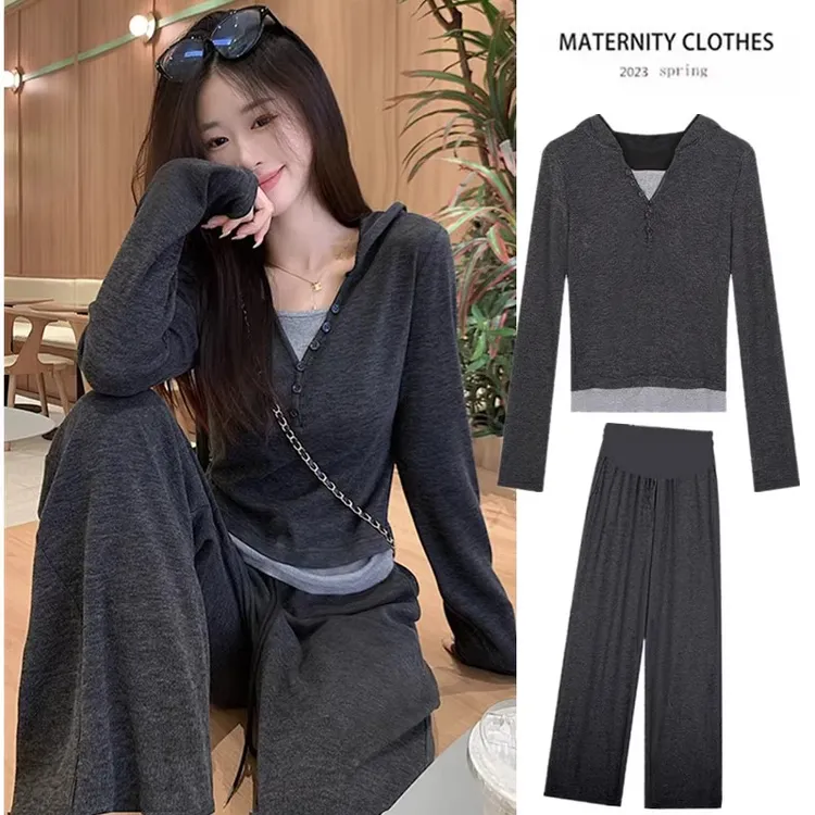 孕妇装春秋套装时尚洋气2025春季新款外穿连帽长袖上衣休闲阔腿裤