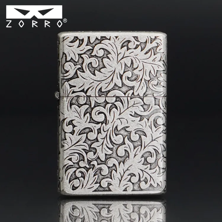 ZORRO佐罗防风煤油打火机二代平头古银大唐草定位珠男士创意礼物